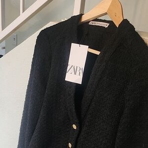 Zara Women's Black Blazer with Classy Gold Buttons